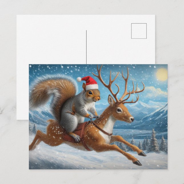 Carte Postale Écureuil adorable Père Noël Reindeer Noël neige (Devant / Derrière)