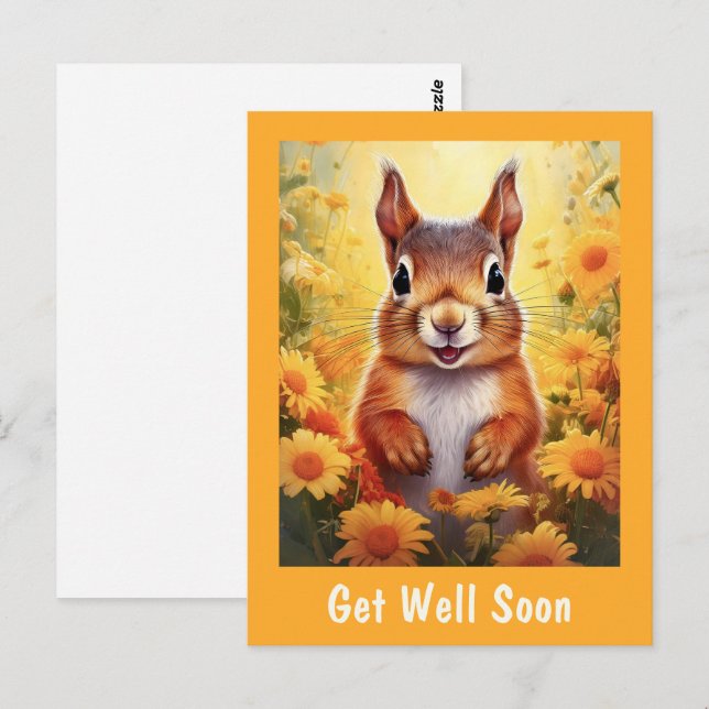 Carte Postale Écureuil dans des fleurs jaunes Cadeau prompt réta (Devant / Derrière)