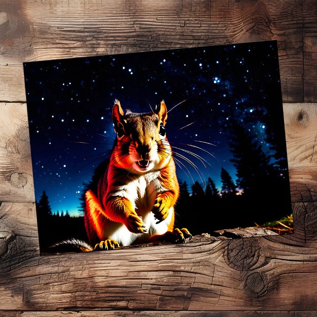 Carte Postale Écureuil de camping drôle Gros plan d'animal migno (Funny camping closeup of a squirrel with night sky)