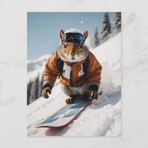 Carte Postale Écureuil de snowboard Heure d'hiver Animaux Whimsi