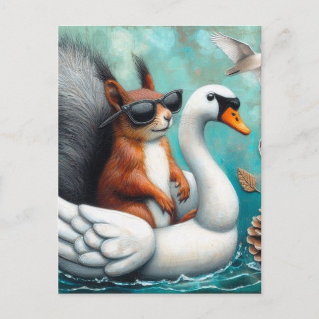 Carte Postale Écureuil drôle sur un cygne gonflable (Devant)