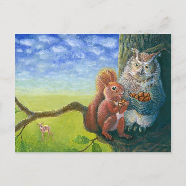 Carte Postale Écureuil et Chouette avec des noisettes Illustrati (Devant)