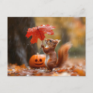 Carte Postale Écureuil mignon avec parapluie à feuilles - Pluie 