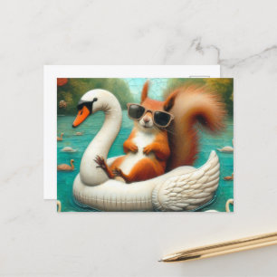 Carte Postale Écureuil sur le cygne flottant Drôle vacances d'ét