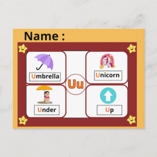 Carte Postale Educational Alphabet Letter U Flashcard for Kids 