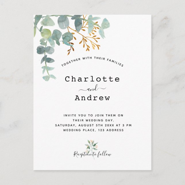 Carte Postale Eeucalyptus vert or blanc élégant mariage (Devant)