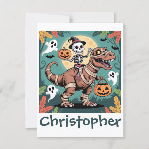 Carte Postale Éffrayant Dino Rider - Squelette sur Mummy T-Rex
