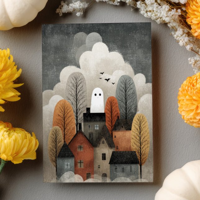 Carte Postale Éffrayant Mignonne Fantôme Ville Aquarelle Hallowe (Créateur téléchargé)