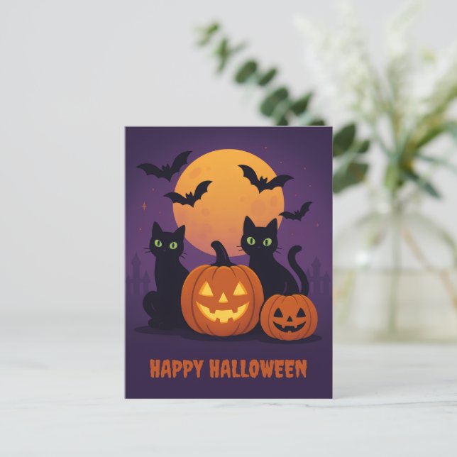 Carte postale éffrayante Halloween - Chats noirs e (Debout devant)