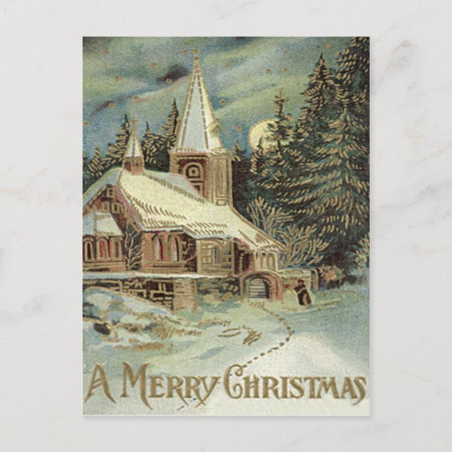 Carte Postale Eglise À feuillage persistant Étoiles Neige d'hive (Devant)