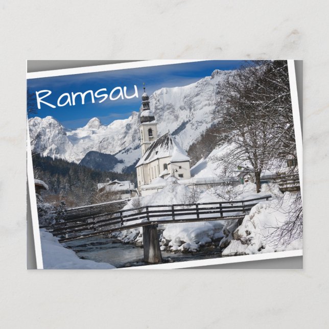 Carte Postale Eglise dans la neige avec les Alpes (Devant)
