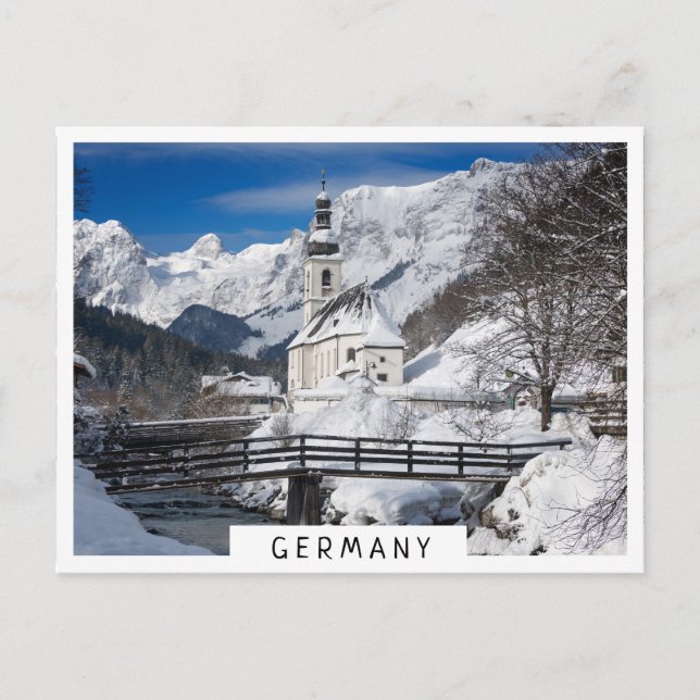 Carte Postale Eglise dans la neige avec les Alpes (Devant)