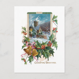 Carte Postale Église de pierre rustique en hiver avec Holly