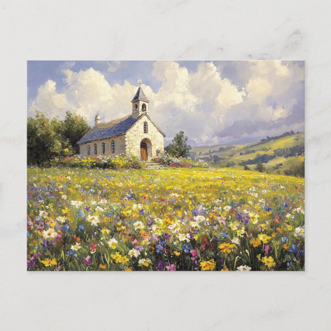 Carte Postale Église Entourée De Peinture Fleur sauvage (Devant)
