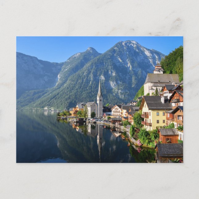Carte Postale Église et village de Hallstatt, Autriche avec Alpe (Devant)
