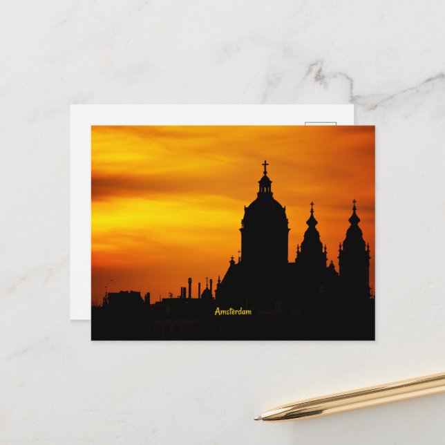 Carte Postale Eglise Silhouette, Amsterdam, (Devant/Arrière en situation)