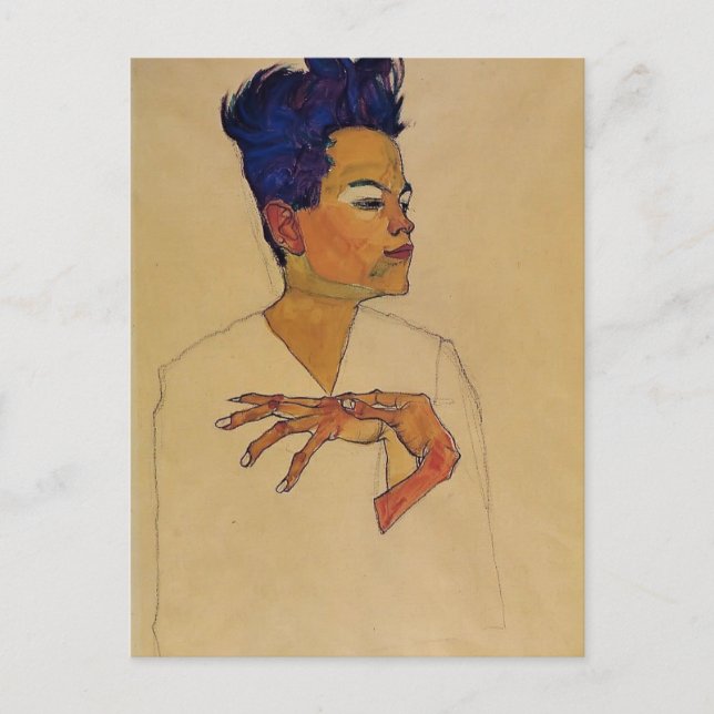 Carte Postale Egon Schiele - Autoportrait avec les mains sur la  (Devant)