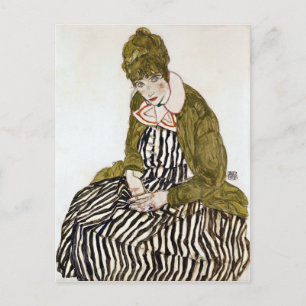 Carte Postale Egon Schiele Edith avec robe rayée, assis