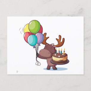 Carte Postale Élan avec ballon et gâteau 