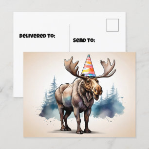 Carte Postale Élan d'Alaska portant un chapeau d'anniversaire