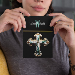 Carte Postale Élégance éthérée : Croix blanche et verte sur noir