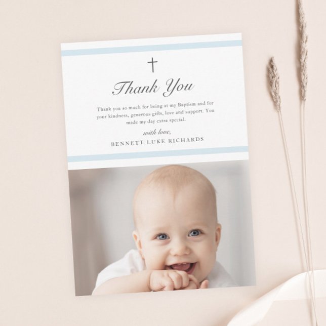 Carte Postale Elegance moderne garçons Baptême Merci (Simple boys photo baptism thank you postcard.)