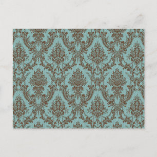 Carte Postale Élégant Aqua & Motif Damassé au Chocolat Vintage