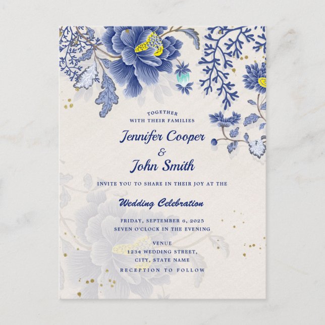Carte Postale Elégant Aquarelle Bleu Floral Mariage (Devant)