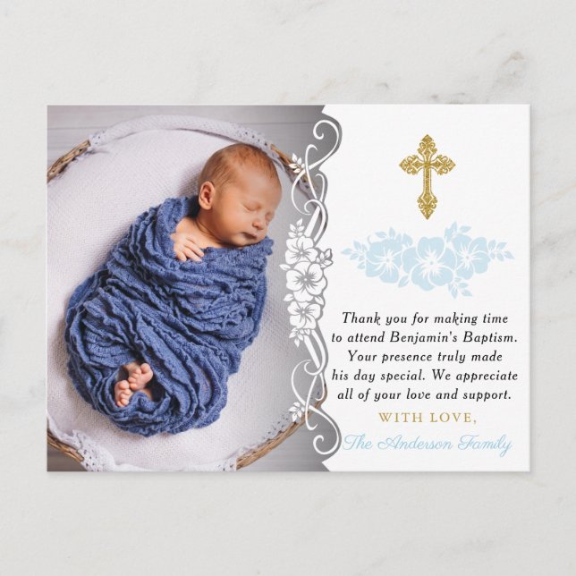 Carte Postale Élégant bébé garçon Baptême Merci (Devant)