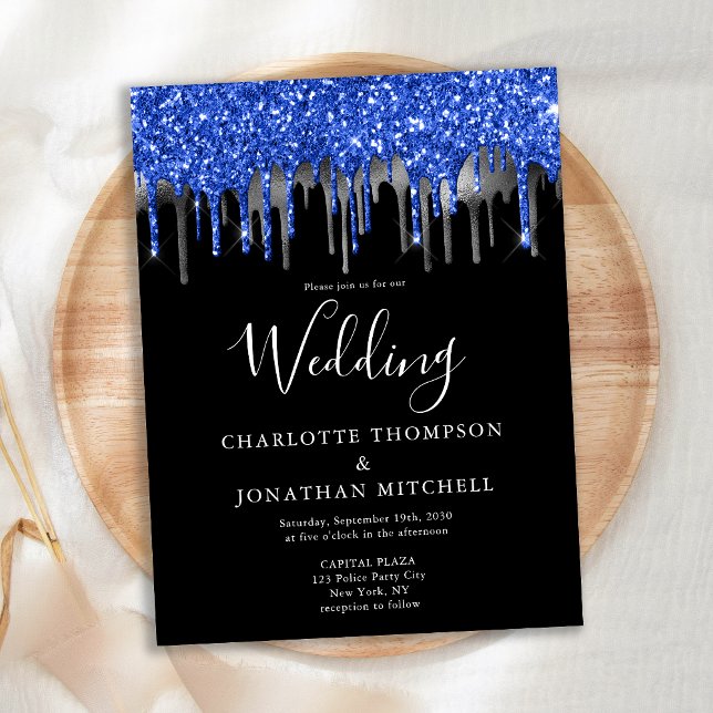 Carte Postale Elegant Black Blue Silver Glitter Drips Wedding (Créateur téléchargé)