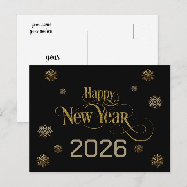 Carte Postale Élégant Black Gold Joyeux Nouvel An 2026 flocons d (Devant / Derrière)