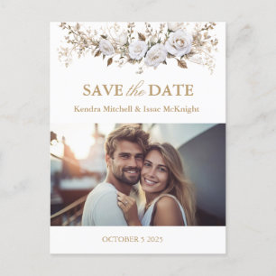 Carte Postale Elégant blanc et or Roses Vintage mariage photo