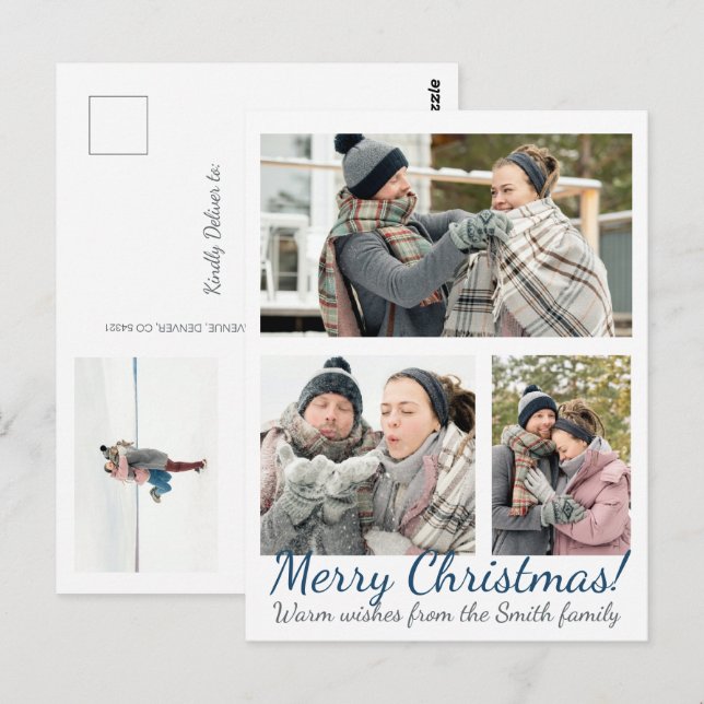 Carte Postale Élégant bleu 3 Photo Calligraphie Noël de Noël (Devant / Derrière)
