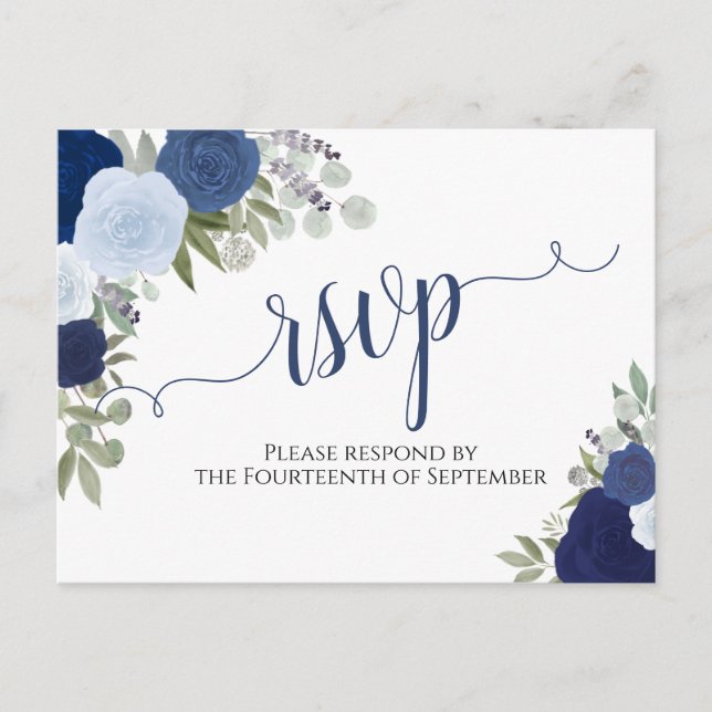 Carte Postale Elégant bleu aquarelle Roses mariage RSVP (Devant)
