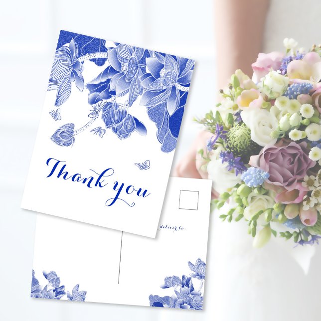 Carte Postale Élégant Bleu Blanc Chinoiserie Floral Remerciement (Créateur téléchargé)