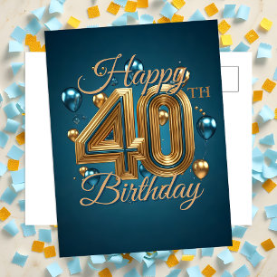 Carte Postale Élégant Bleu Chic et Ballons d'or 40e anniversaire