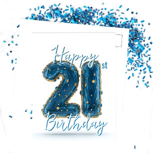 Carte Postale Élégant Bleu et Or Anniversaire de 21 Ans aux Tons
