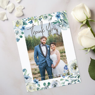 Carte Postale Elégant bleu Peony Floral Mariage Photo Merci