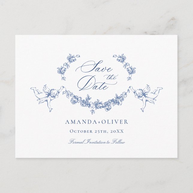 Carte Postale Elégant Bleu Toile Française Mariage Enregistrer l (Devant)
