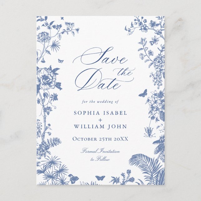 Carte Postale Elégant Bleu Toile Française Mariage Enregistrer l (Devant)