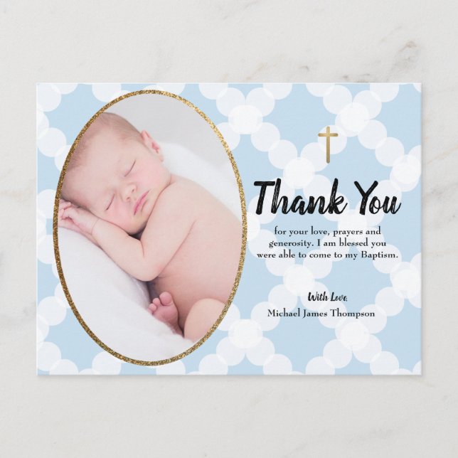 Carte Postale Elégant Blue Gold Cross Baptism Merci photo (Devant)