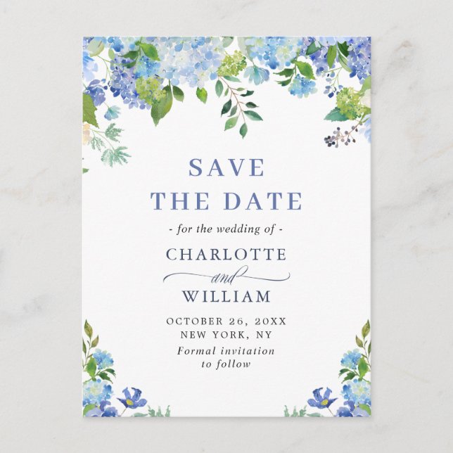 Carte Postale Elégant Blue Hydrangea Mariage Enregistrer La Date (Devant)