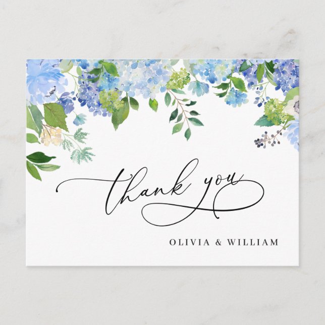 Carte Postale Elégant Blue Hydrangea Merci Mariage verdoyant (Devant)