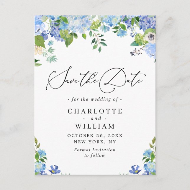 Carte Postale Elégant Blue Hydrangea Wedding Enregistrer la date (Devant)
