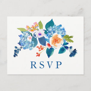 Carte Postale Elégant Blue Peach Floral Wedding RSVP Invitation