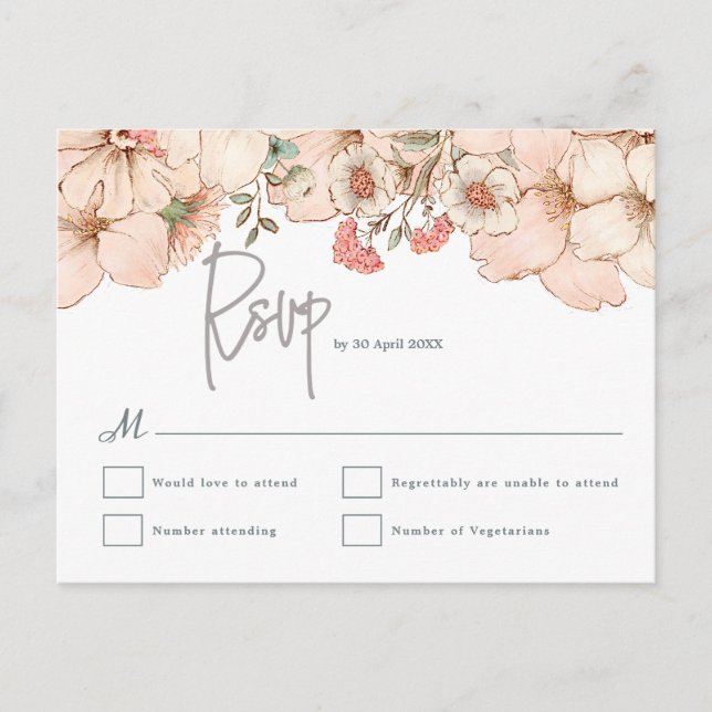 Carte Postale Elégant Blush rose Floral Gris Script Mariage RSVP (Devant)