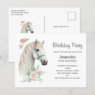 Carte Postale Élégant Boho Cheval Blanc Floral Anniversaire Invi