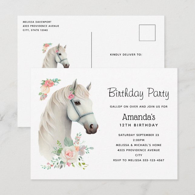 Carte Postale Élégant Boho Cheval Blanc Floral Anniversaire Invi (Devant / Derrière)