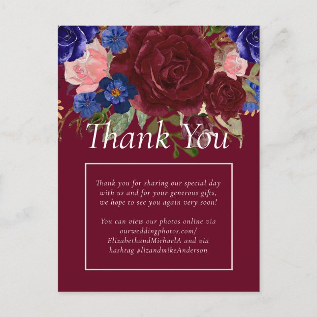 Carte Postale Élégant budget Burgundy Blue Floral Mariage (Devant)