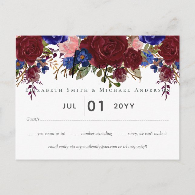 Carte Postale Elégant Burgundy Bleu Floral Budget Mariage RSVP (Devant)